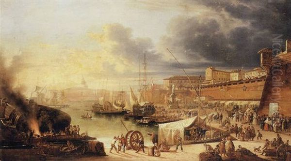 A Capriccio Of A Walled Harbour (valletta, Malta?) Oil Painting by Giuseppe Canella I