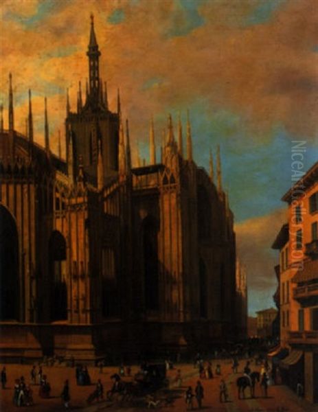 Milano, Passeggio Al Duomo Oil Painting by Giuseppe Canella I