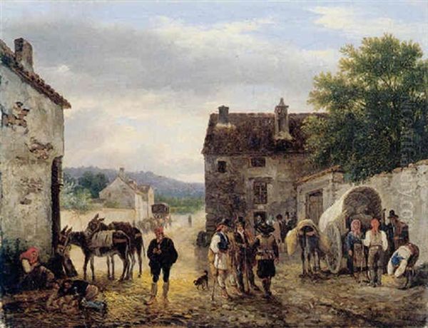 Scene With Figures And Donkeys Before A House Oil Painting by Giuseppe Canella I