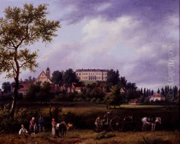 Landscape With Peasants Working In The Fields With A Town And A Manor House Beyond Oil Painting by Giuseppe Canella I