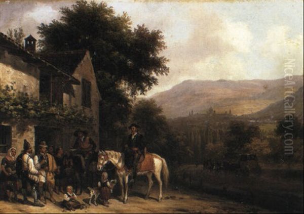 Figures Outside Tavern, Escorial Beyond Oil Painting by Giuseppe Canella I