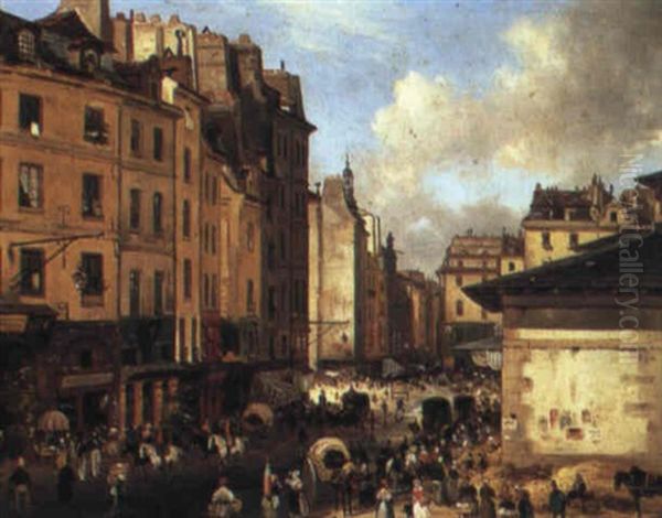 A Paris Street Scene (rue Saint-denis?) Oil Painting by Giuseppe Canella I