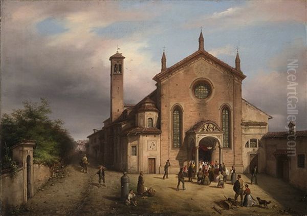 Processione Di Fedeli Alla Chiesa Di Santa Maria Della Pace In Milano Oil Painting by Carlo Canella