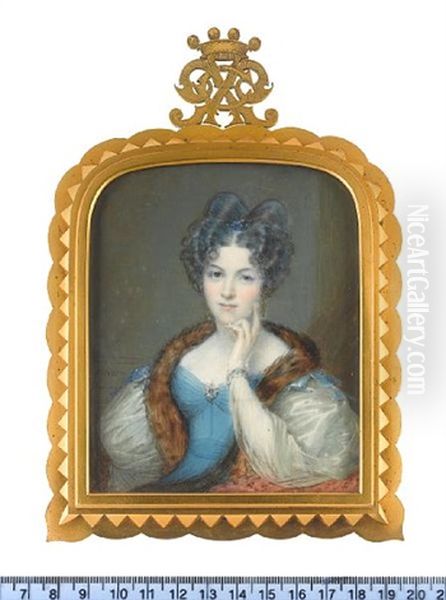 A Lady, Wearing Blue Dress With White, Sheer, Puff Sleeves With Blue Embroidery At The White Lace Cuff, Fur Stole by Giovanni Battista Canevari