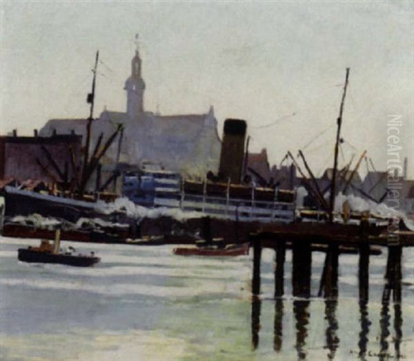 Boats In A Harbour Oil Painting by Marcel Canneel