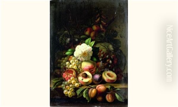 Nature Morte De Fleurs Et De Fruits Poses Sur Un Entablement by Theodore Canneel