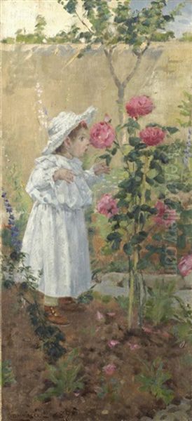 Bimba Tra Le Rose Oil Painting by Niccolo Cannicci