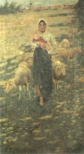 Mother And Child With Sheep In A Landscape Oil Painting by Niccolo Cannicci