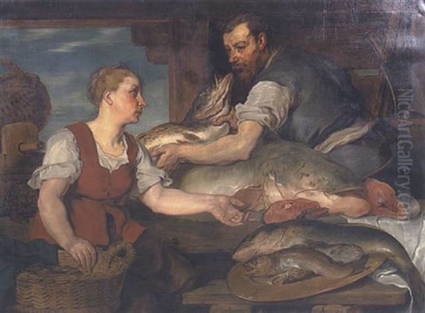 Fischmarkt - Fischhandler Und Fischhandlerin Oil Painting by Hans Canon