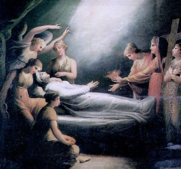 An Apparition Of The Empress Helena Holding The True Cross And A Flaming Heart At The Death Bed Of A Young Woman Oil Painting by Antonio Canova