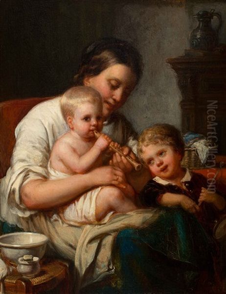 Mother With Her Children Oil Painting by Johannes Antonius Canta