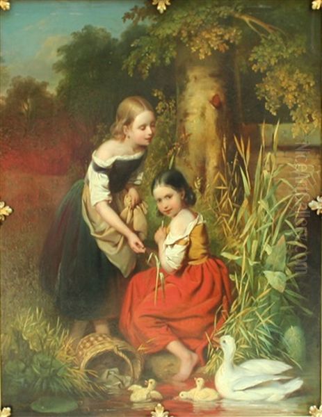 Young Girls By The Duck Pond Oil Painting by Johannes Antonius Canta