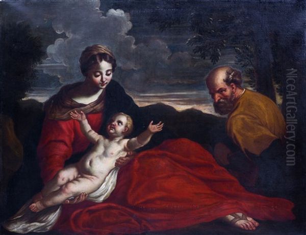 Le Repos De La Sainte Famille Pendant La Fuite En Egypte Oil Painting by Simone Cantarini