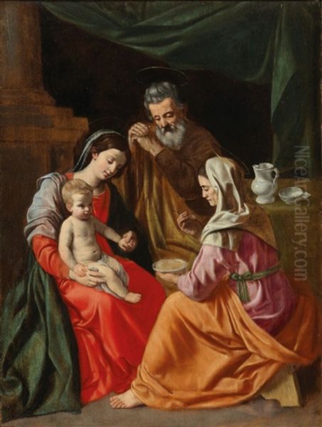 The Holy Family With Saint Anne (collab W/workshop) Oil Painting by Simone Cantarini