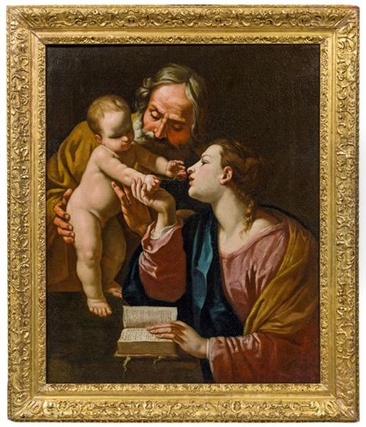 Heilige Familie - Der Heilige Joseph Halt Das Christuskind Wahrend Dieses Der Lesenden Maria Eine Rose Reicht Oil Painting by Simone Cantarini