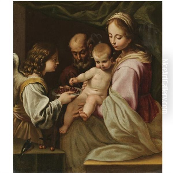 The Holy Family With An Angel Offering The Christ Child A Plate Of Cherries Oil Painting by Simone Cantarini