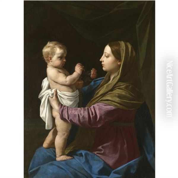 The Madonna And Child Holding A Rosary Crucifix And A Rose (madonna Della Rosa) Oil Painting by Simone Cantarini