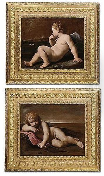 Putti In Landscape Oil Painting by Simone Cantarini