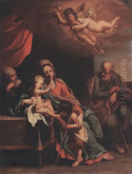 The Holy Family With Saint Anne And The Infant Saint John The Baptist Oil Painting by Simone Cantarini