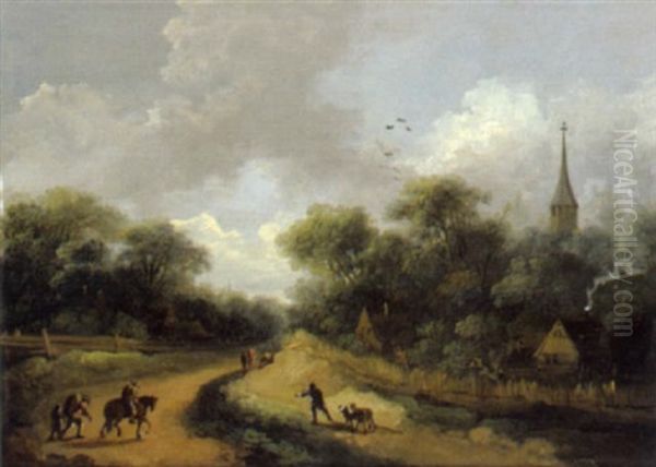 Dorf An Einer Landstrase Und Reisende Oil Painting by Franz Thomas Canton