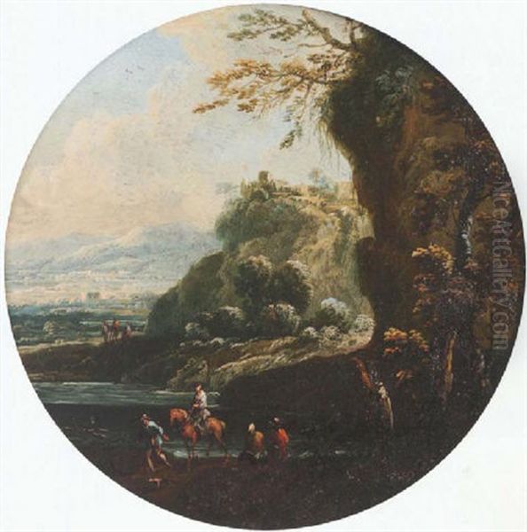 An Italianate Landscape With Two Figures Watching A Rider Ford A River Oil Painting by Franz Thomas Canton