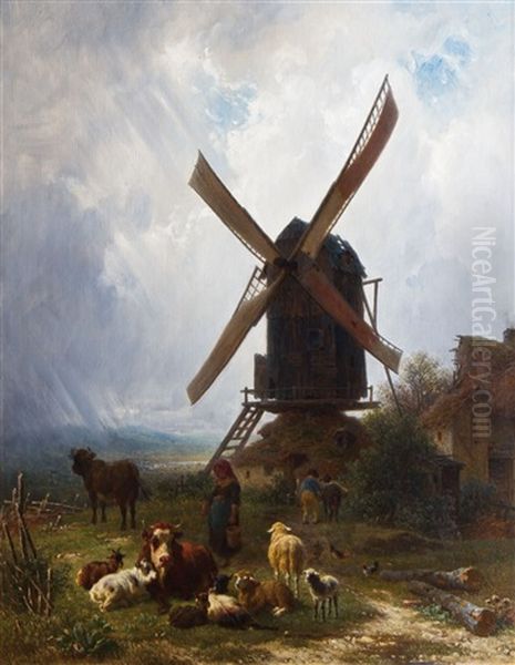 Hirtin Mit Herde Vor Einer Windmuhle Oil Painting by Gustav Jacob Canton