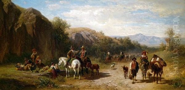 Auf Der Via Appia Mit Viehherde, Reitergruppen Und Wanderern Oil Painting by Gustav Jacob Canton