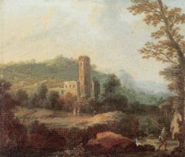 A Wooded Landscape With A Huntsman And A Ruined Tower Oil Painting by Johann Gabriel Canton