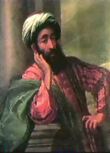 Portrait Of A Bearded Man Wearing A Turban Resting His Arm  On A Stone Ledge, A Column Behind Oil Painting by Domenico Maria Canuti