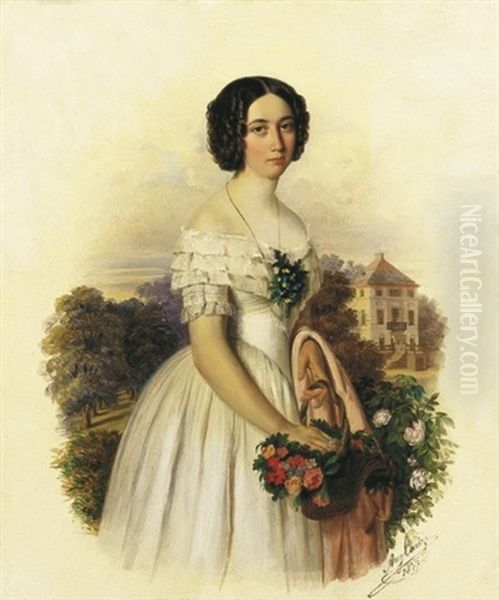 Kislany Viragkosarral Hatterben Kastelyparkkal (little Girl With Flower-basket) Oil Painting by August Alexius Canzi