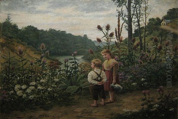 Deux Enfants A Modave Oil Painting by Constant Aime Marie Cap