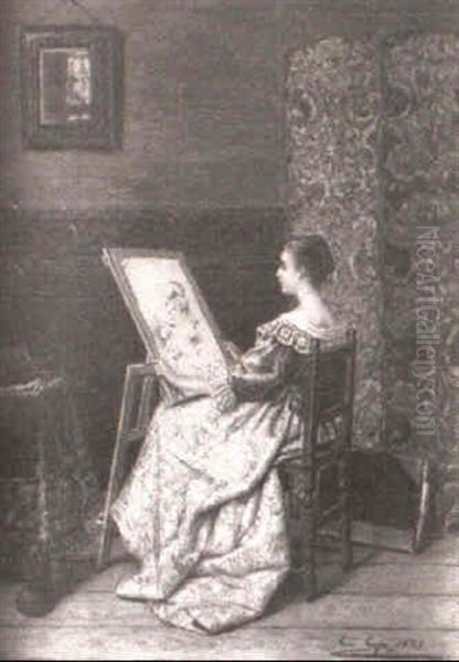 Interior Scene With Seated Woman Viewing Her Painting Oil Painting by Constant Aime Marie Cap