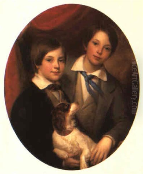 Portrait Of Two Young Boys, Half Length, With Their Spaniel Oil Painting by Cavaliere Alessandro Capalti