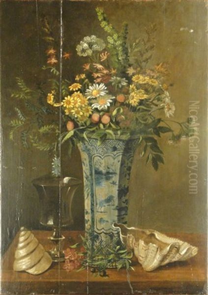 Nature Morte Aux Fleurs, Vase Et Coquillage Oil Painting by Jean Capeinick