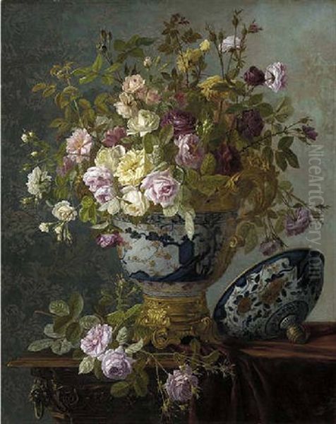 Roses In An Oriental Urn Oil Painting by Jean Capeinick