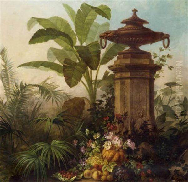 Assorted Flowers With Grapes, Strawberries, Peaches And A Pumpkin In A Tropical Garden Oil Painting by Jean Capeinick