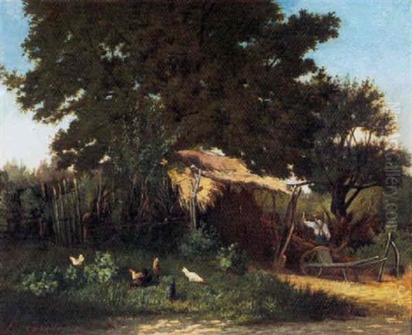 Thatched Roof Farm Shed And Animal Pen, With Farmer And Chickens Oil Painting by Alfred-Eugene Capelle