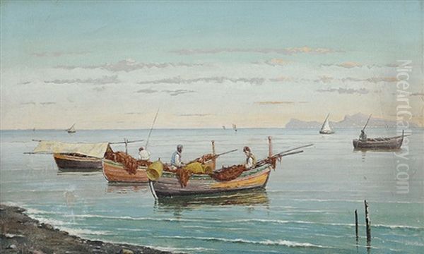 Marina Con Pescatori Oil Painting by Vittorio Capessiero