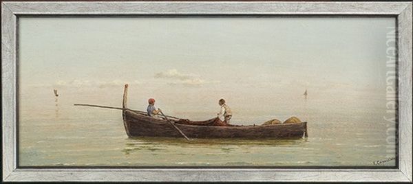 The Gulf Of Naples. Two Fisherman In The Boat Oil Painting by Vittorio Capessiero