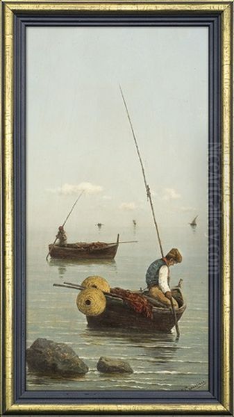 The Gulf Of Naples. Fisherman In The Sail Boat Oil Painting by Vittorio Capessiero