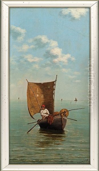 The Naples Bay View. A Fisherman Oil Painting by Vittorio Capessiero