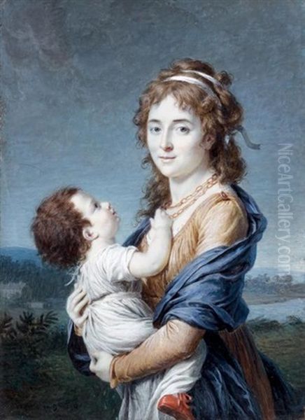 Portrait De La Baronne, Dannery Tenant Son Fils Jean Germain Samuel Dans Ses Bras Oil Painting by Marie Gabrielle Capet