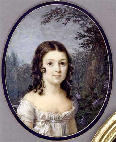 A Girl Standing Before A Tree With Lilac, In White Silk Dress With White Sash Tied In A Bow, Long Dark Curling Hair, Forest And Sky Background Oil Painting by Marie Gabrielle Capet