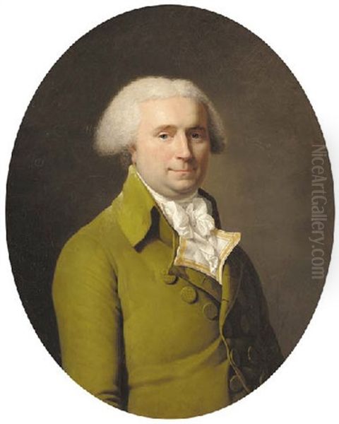 Portrait Of A Gentleman In A Double Breasted Green Coat, A Gold And White Wasitcoat, And A Goffered White Shirt And Cravat Oil Painting by Marie Gabrielle Capet