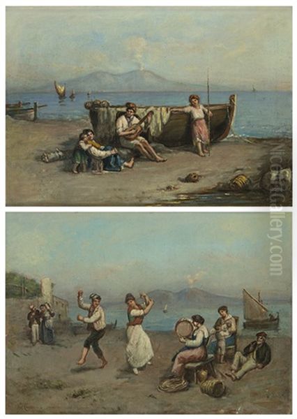 Figure Musicanti Sulla Spiaggia (pair) Oil Painting by Gaetano Capone