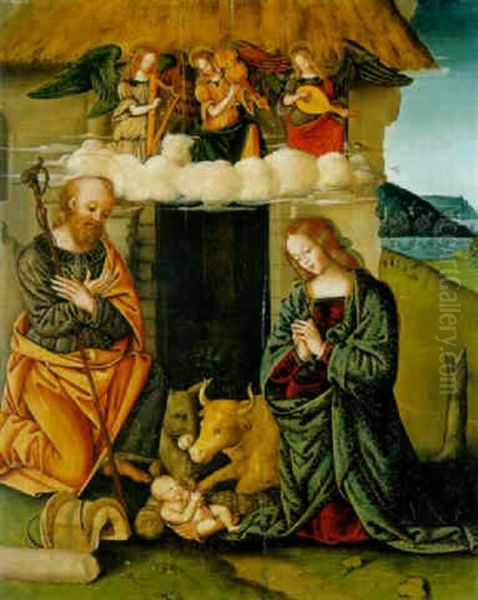 The Nativity With Music-making Angels Oil Painting by Giovanni Battista Caporali