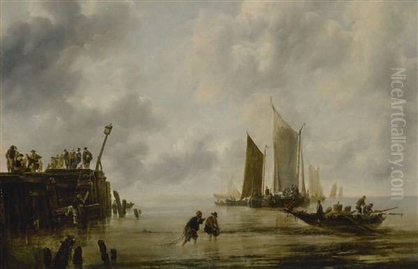 Seascape With Fishermen And Figures On A Pier Oil Painting by Jan Van De Cappelle