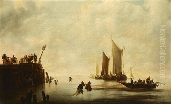 Fishermen Unloading Their Catch At Low Tide With A Crowd On A Jetty And Shipping Beyond Oil Painting by Jan Van De Cappelle