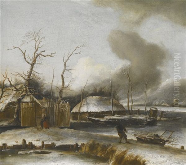 A Winter Landscape By A Frozen Pond, A Figure Dragging A Pile Of Driftwood And A Mother And Child By The Gate Of A House Oil Painting by Jan Van De Cappelle