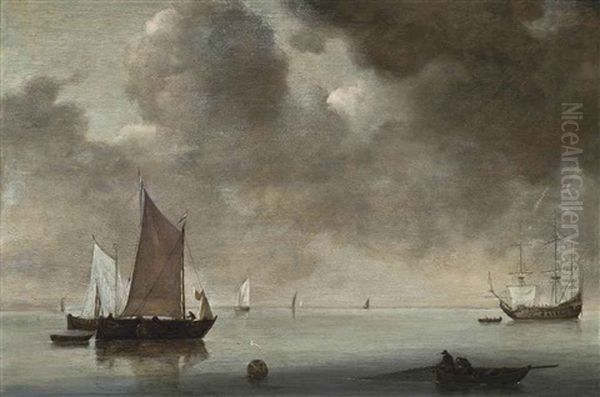 A Calm With A Dutch East Indiaman And Other Shipping In The Roadstead Oil Painting by Jan Van De Cappelle